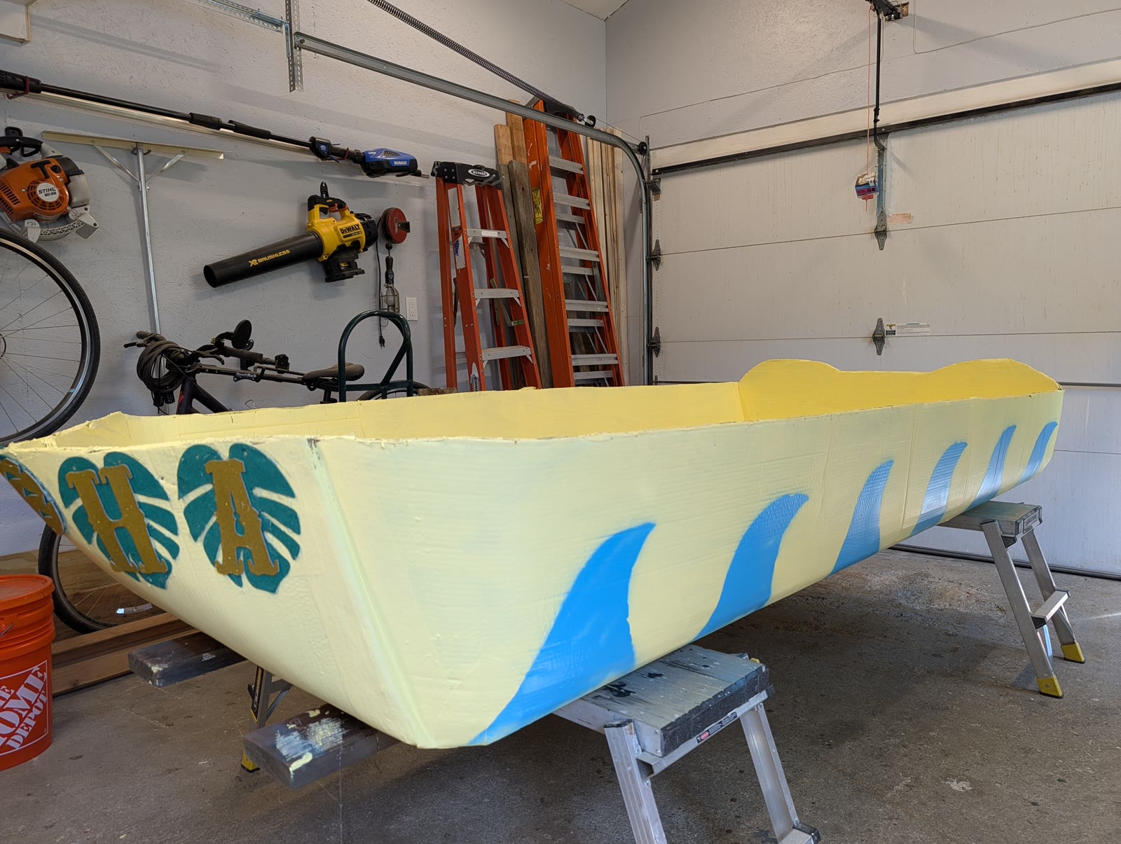 Full side profile of The Unsinkable Luau cardboard boat