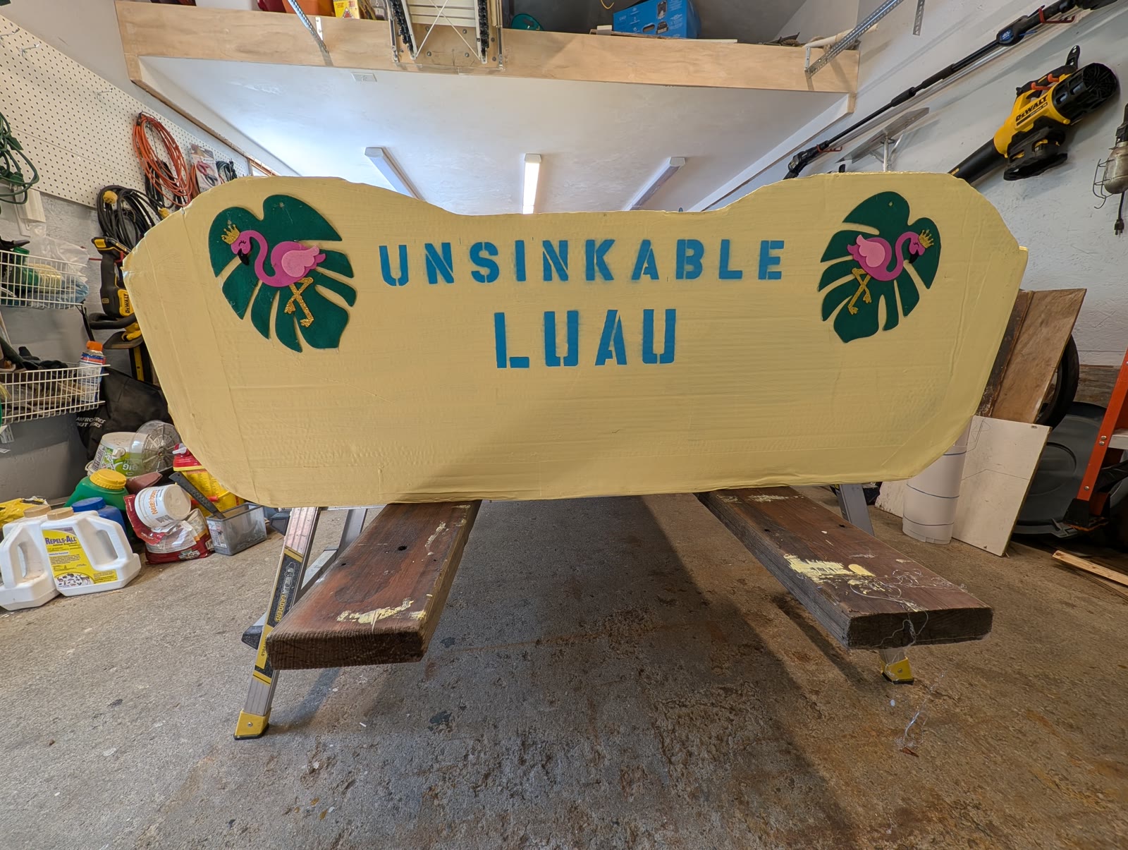 The Unsinkable Luau custom cardboard race boat in the Newburyport yard