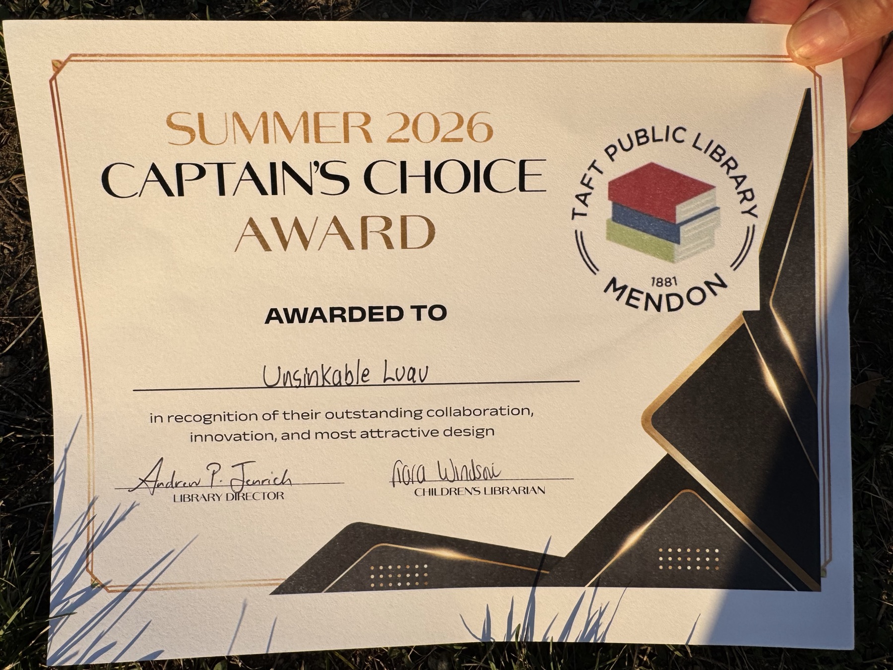 Official Summer 2026 Captain's Choice Award certificate for The Unsinkable Luau